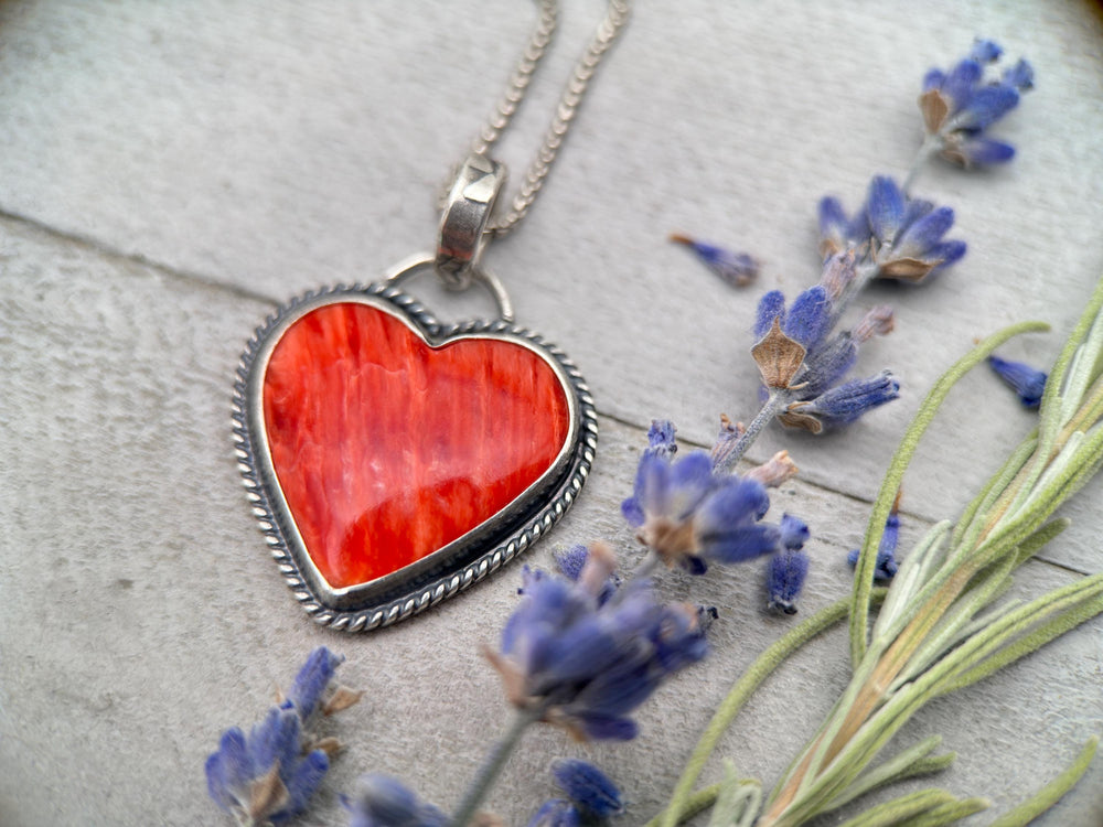 Red Spiny Oyster Heart and Sterling Silver Pendant - SunlightSilver