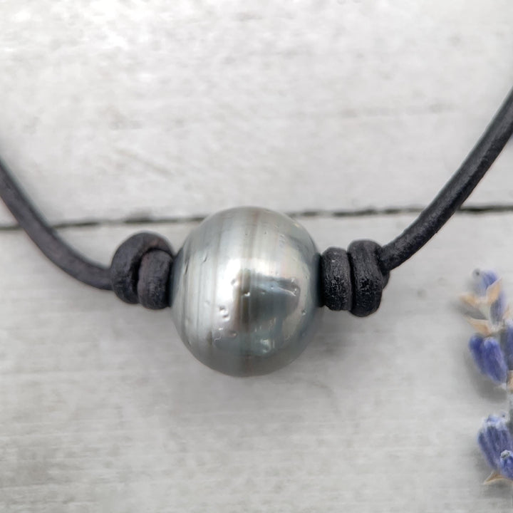 Tahitian Pearl and Adjustable Leather Necklace - SunlightSilver