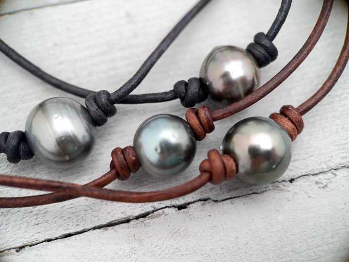 Tahitian Pearl and Adjustable Leather Necklace - SunlightSilver