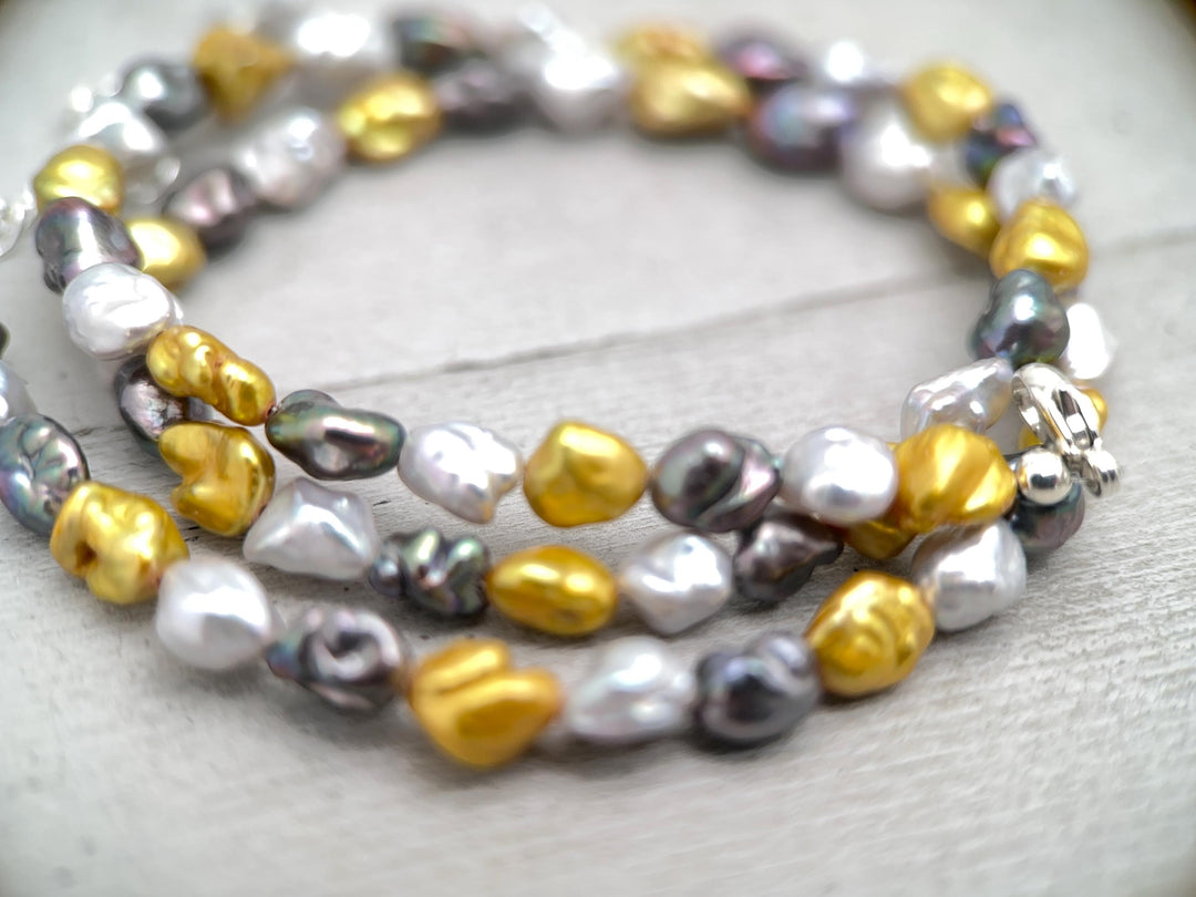 Yellow, Silver, and Gray Keshi Pearl and Sterling Silver Necklace - SunlightSilver