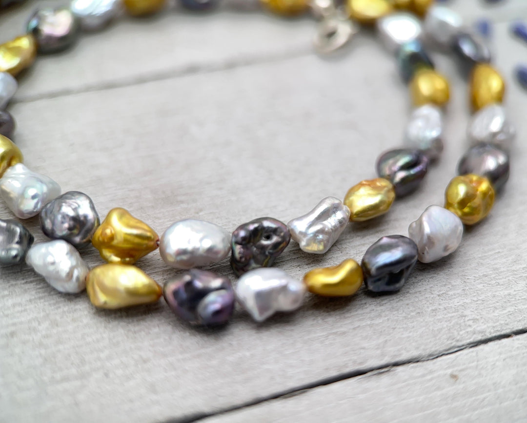 Yellow, Silver, and Gray Keshi Pearl and Sterling Silver Necklace - SunlightSilver