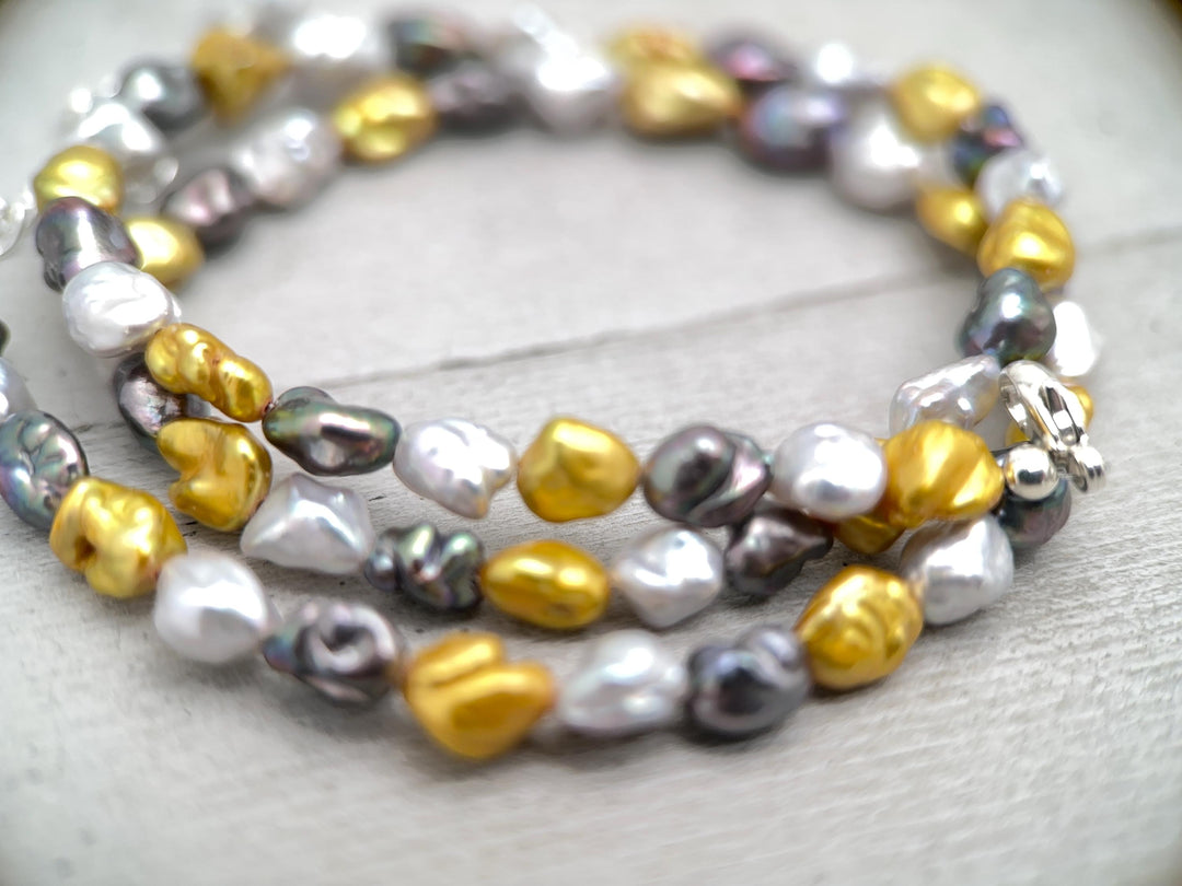 Yellow, Silver, and Gray Keshi Pearl and Sterling Silver Necklace - SunlightSilver