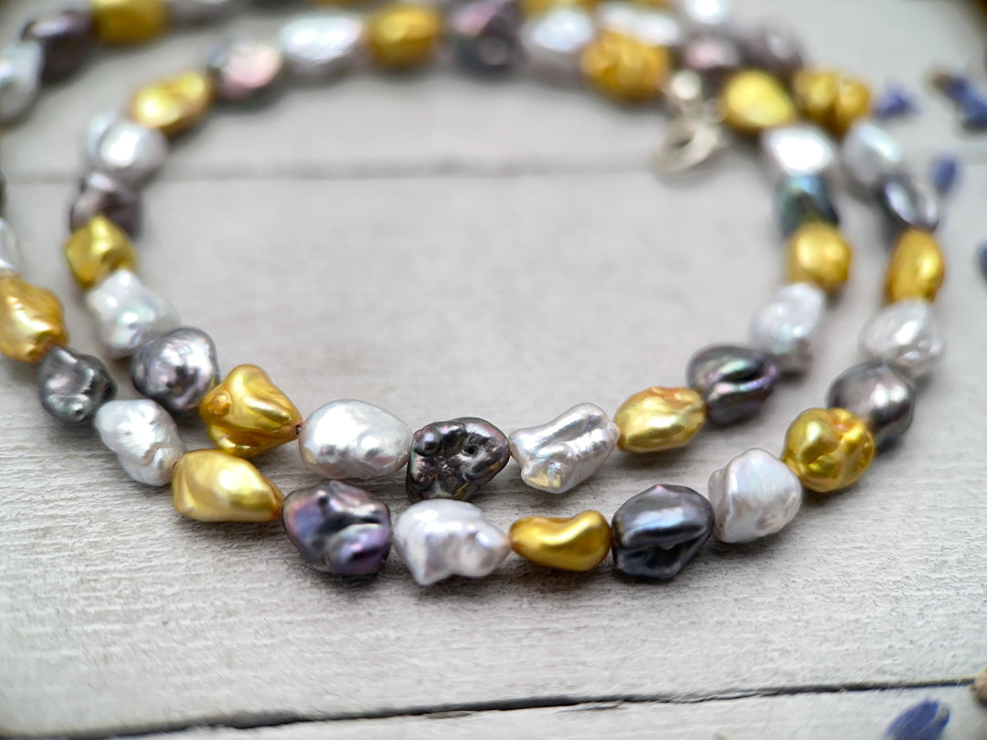 Yellow, Silver, and Gray Keshi Pearl and Sterling Silver Necklace - SunlightSilver