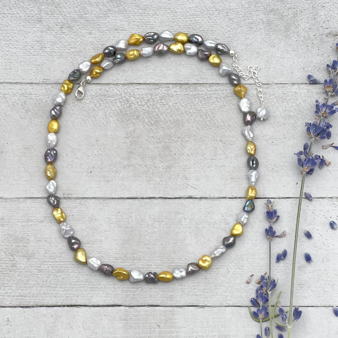 Yellow, Silver, and Gray Keshi Pearl and Sterling Silver Necklace - SunlightSilver