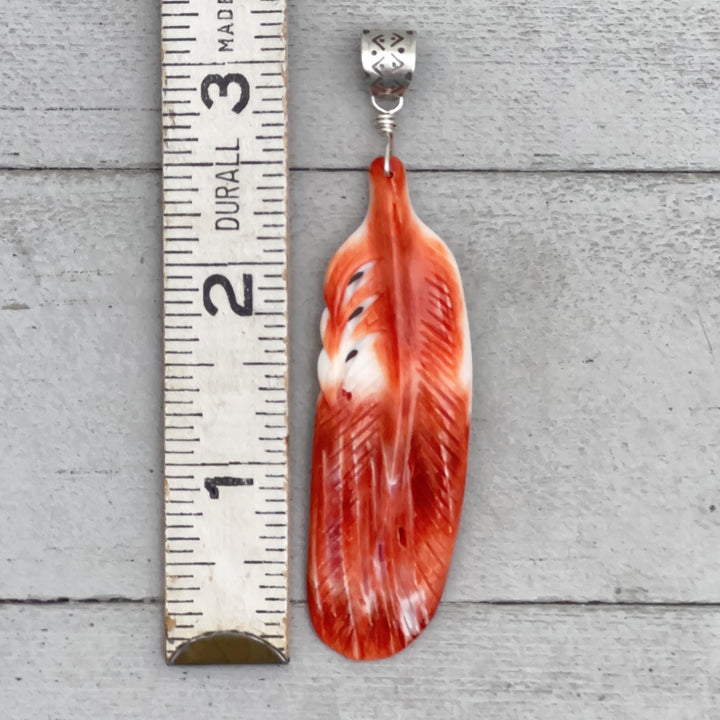 Large Carved Red Spiny Oyster Feather and Sterling Silver Pendant - SunlightSilver