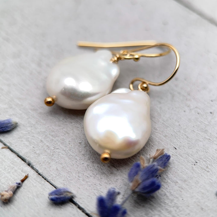 Gorgeous Keshi Pearl and 14k Yellow Gold Fill Earrings. Thick, Lustrous Nacre AAA - SunlightSilver