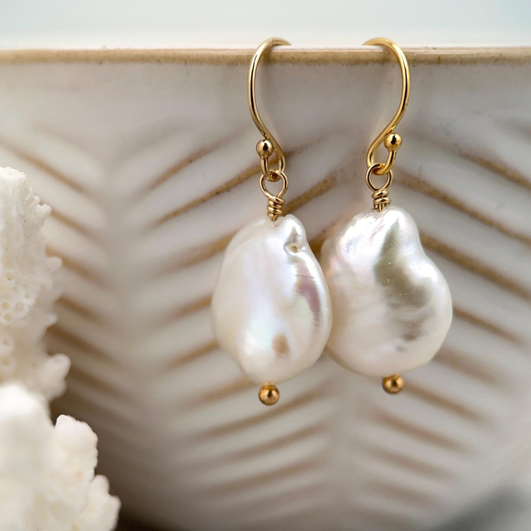 Gorgeous Keshi Pearl and 14k Yellow Gold Fill Earrings. Thick, Lustrous Nacre AAA - SunlightSilver