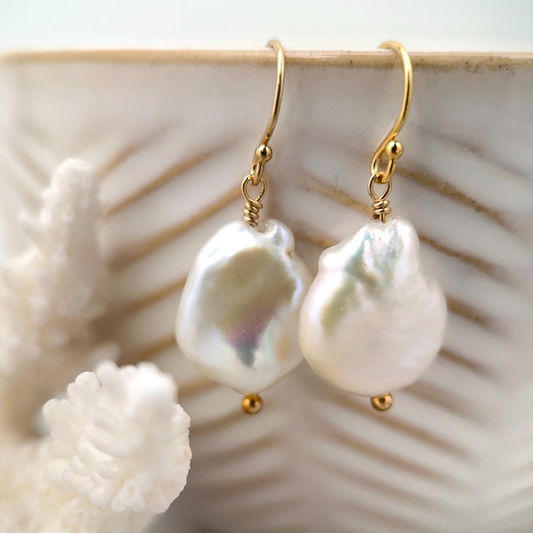 Gorgeous Keshi Pearl and 14k Yellow Gold Fill Earrings. Thick, Lustrous Nacre AAA - SunlightSilver