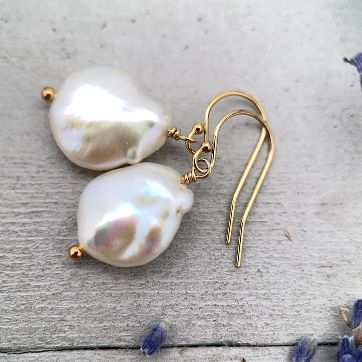 Gorgeous Keshi Pearl and 14k Yellow Gold Fill Earrings. Thick, Lustrous Nacre AAA - SunlightSilver