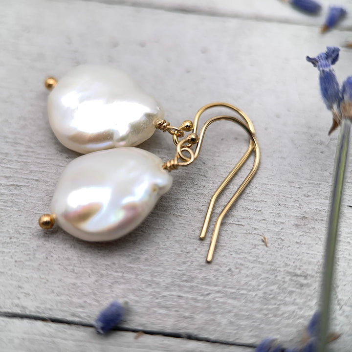 Gorgeous Keshi Pearl and 14k Yellow Gold Fill Earrings. Thick, Lustrous Nacre AAA - SunlightSilver