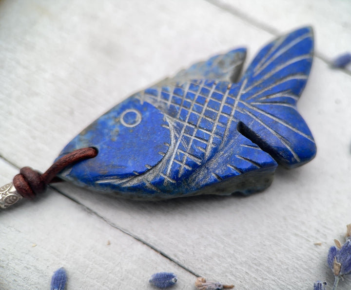 Lapis Lazuli Carved Fish and Brown Leather Necklace - SunlightSilver