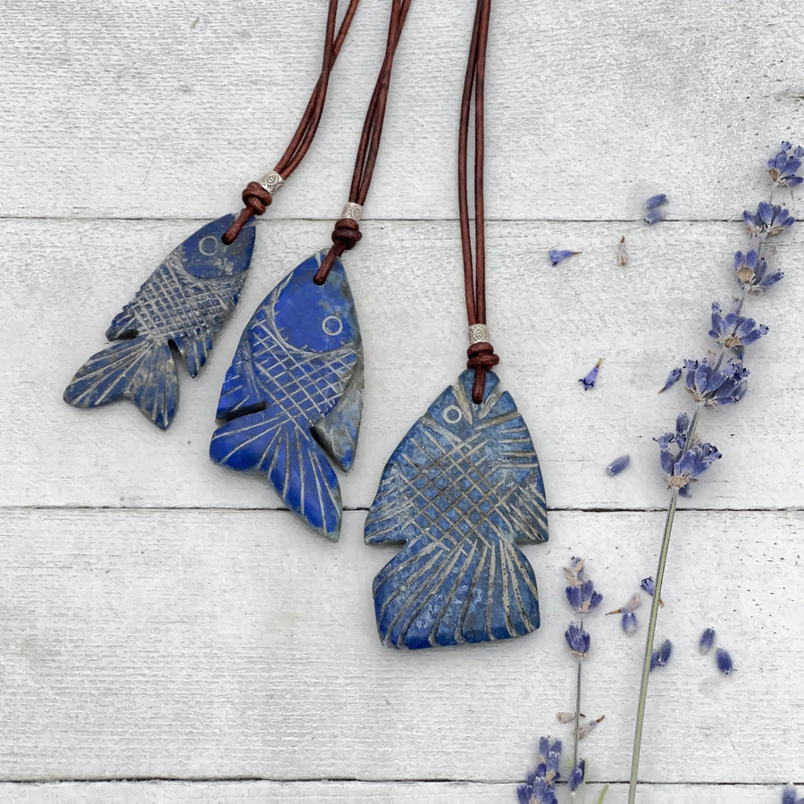 Lapis Lazuli Carved Fish and Brown Leather Necklace - SunlightSilver