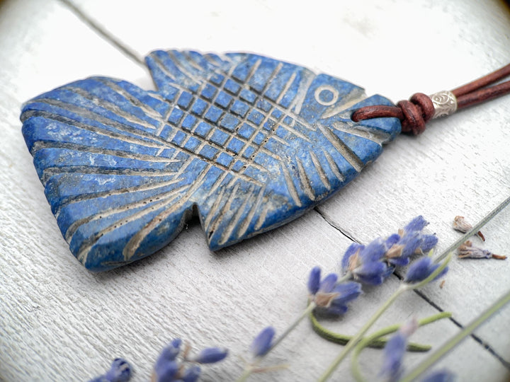 Lapis Lazuli Carved Fish and Brown Leather Necklace - SunlightSilver