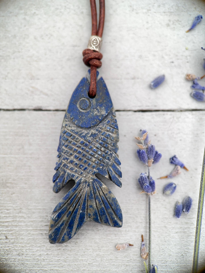 Lapis Lazuli Carved Fish and Brown Leather Necklace - SunlightSilver