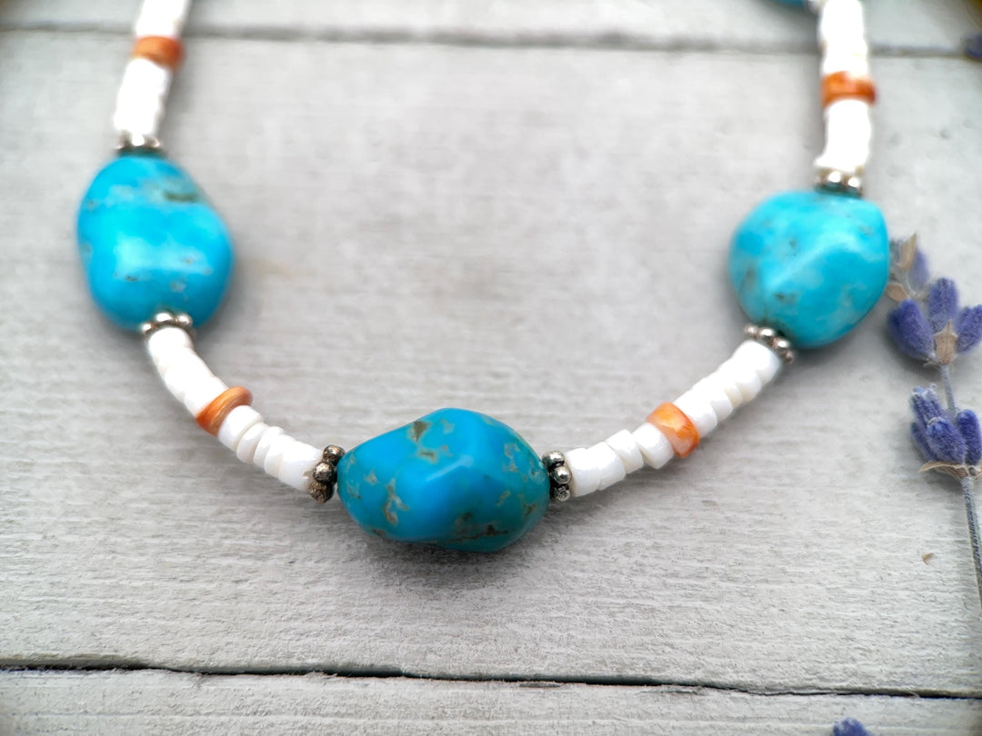 Nacozari Turquoise, Spiny Oyster, and Sterling Silver Necklace - SunlightSilver