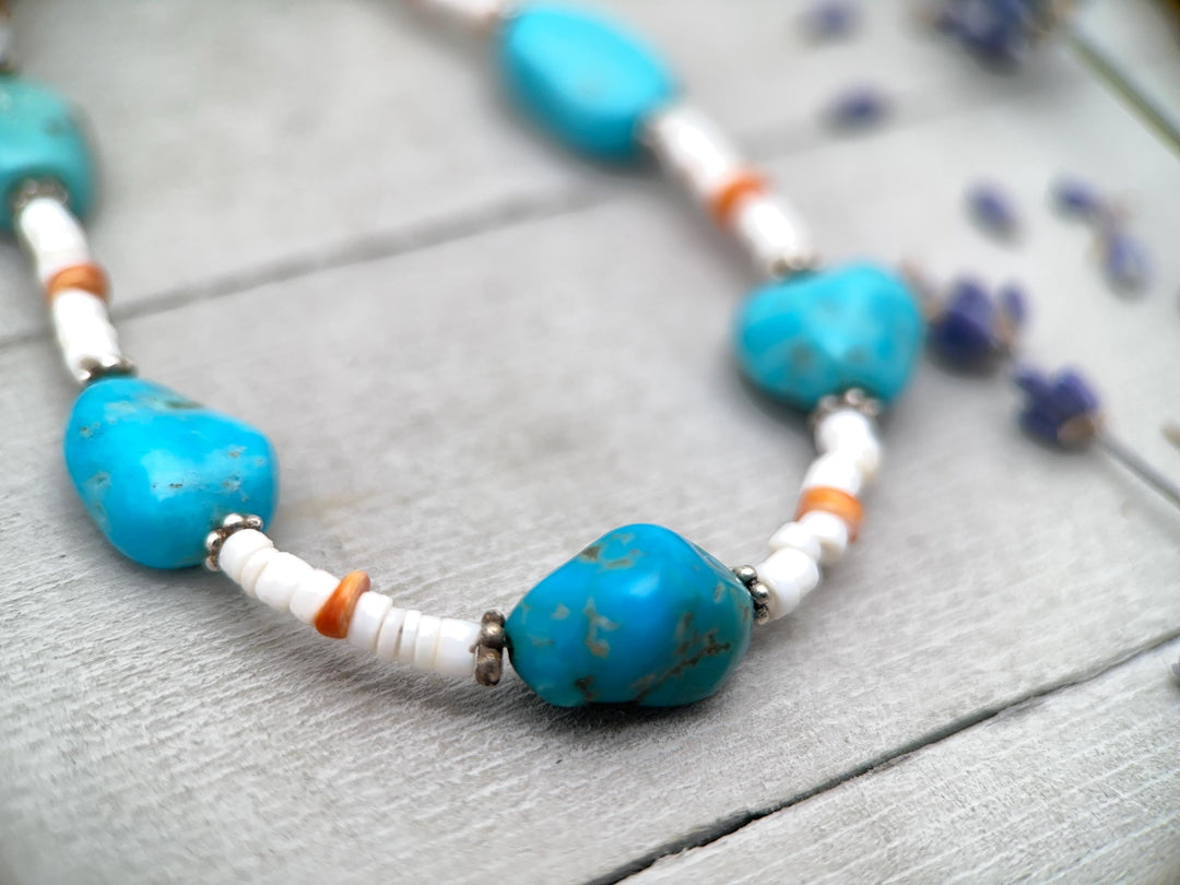 Nacozari Turquoise, Spiny Oyster, and Sterling Silver Necklace - SunlightSilver