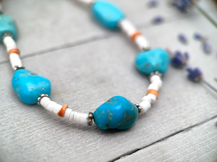 Nacozari Turquoise, Spiny Oyster, and Sterling Silver Necklace - SunlightSilver