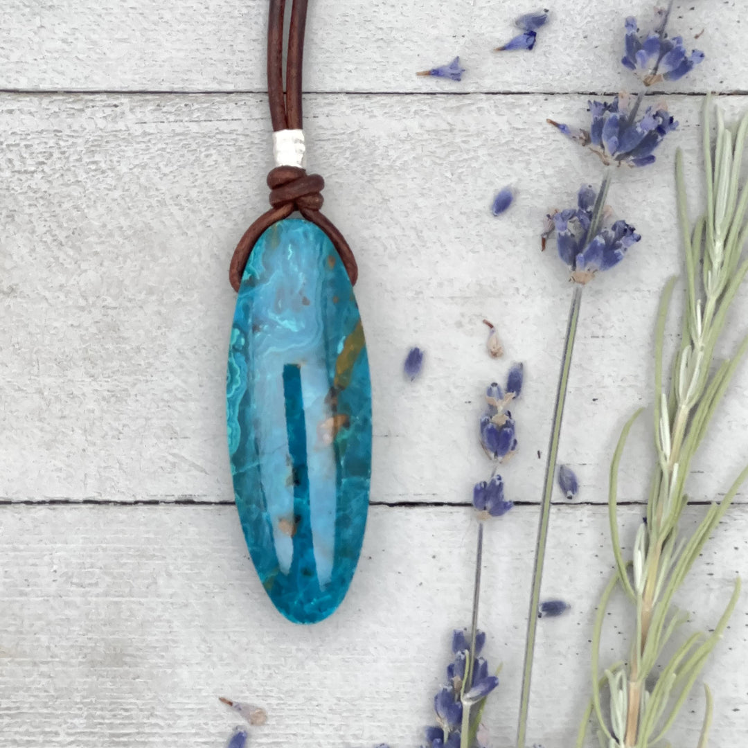 Large AAA Arizona Chrysocolla and Rustic Brown Leather Statement Necklace - SunlightSilver