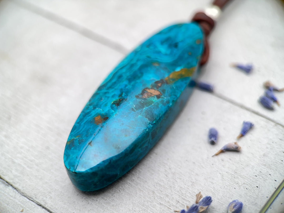 Large AAA Arizona Chrysocolla and Rustic Brown Leather Statement Necklace - SunlightSilver