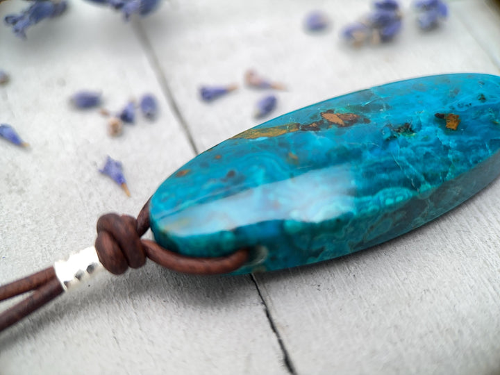 Large AAA Arizona Chrysocolla and Rustic Brown Leather Statement Necklace - SunlightSilver