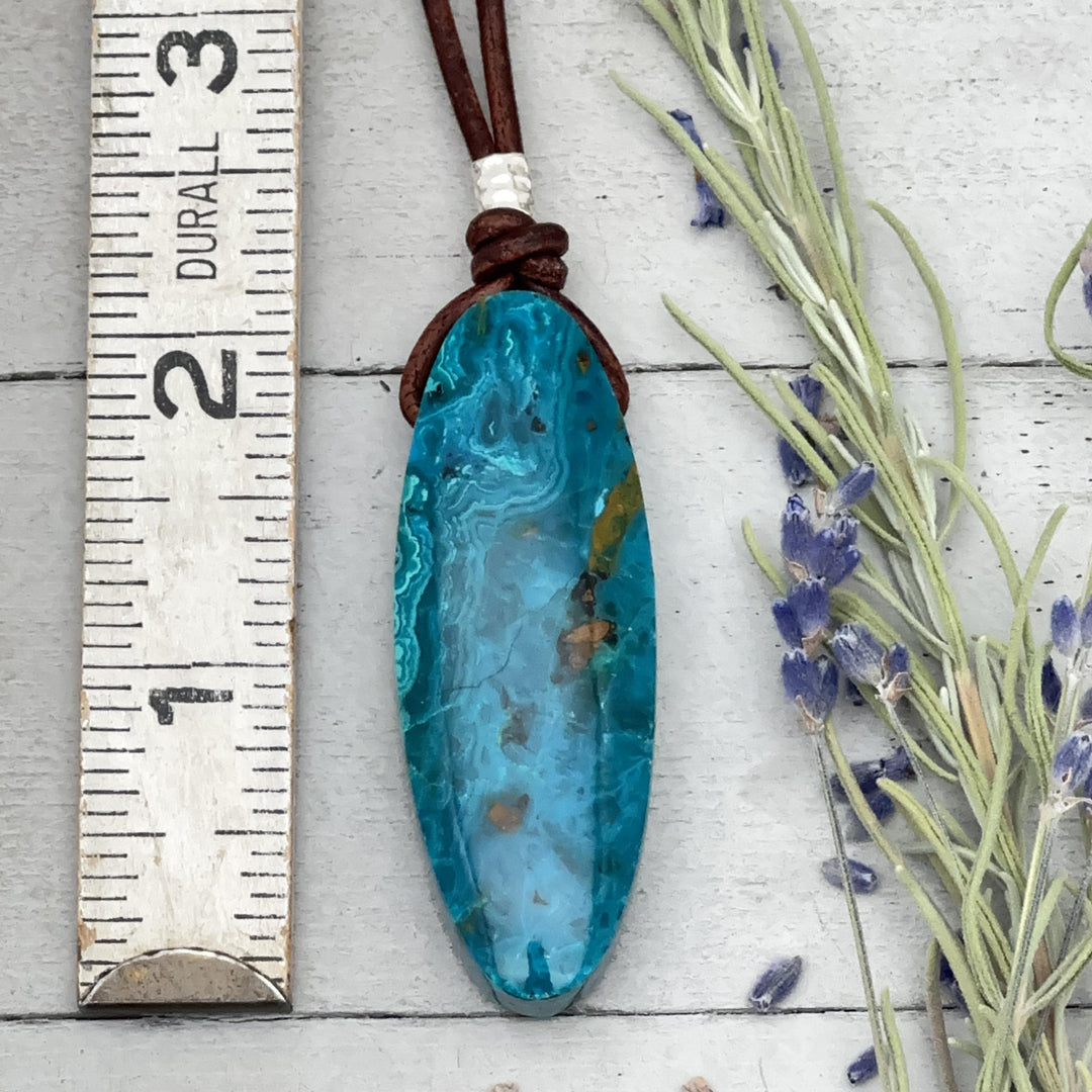 Large AAA Arizona Chrysocolla and Rustic Brown Leather Statement Necklace - SunlightSilver