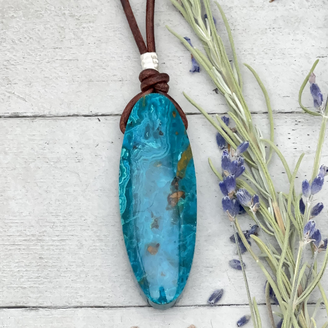 Large AAA Arizona Chrysocolla and Rustic Brown Leather Statement Necklace - SunlightSilver