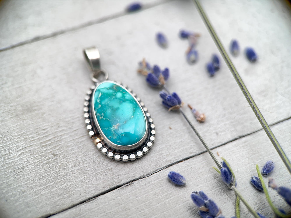 Nevada White Water Turquoise, Sterling Silver, and 14k Solid Gold Pendant - SunlightSilver