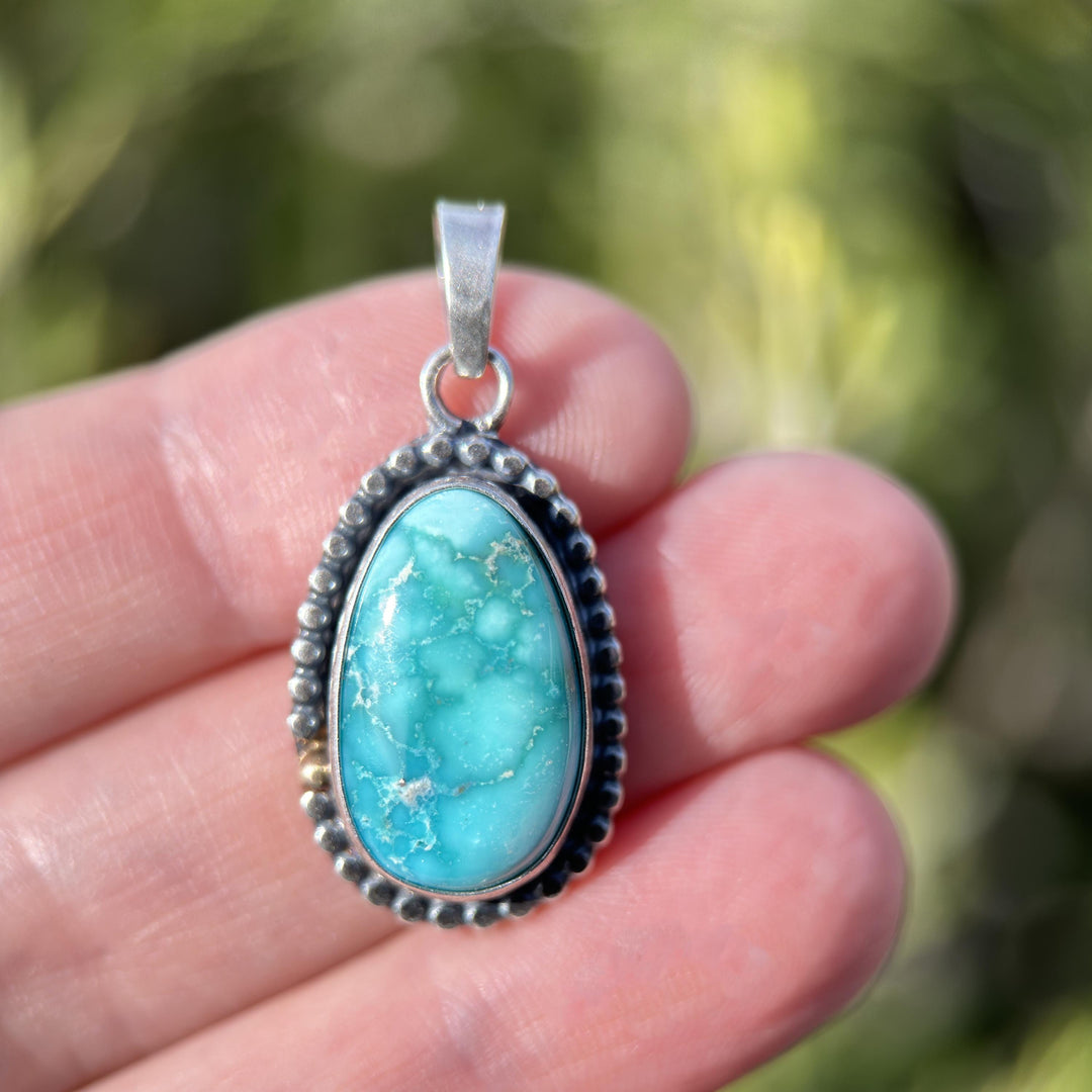 Nevada White Water Turquoise, Sterling Silver, and 14k Solid Gold Pendant - SunlightSilver