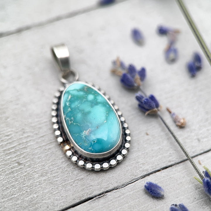 Nevada White Water Turquoise, Sterling Silver, and 14k Solid Gold Pendant - SunlightSilver