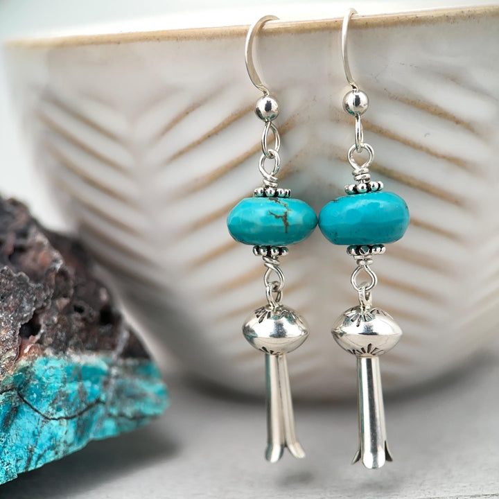 Turquoise and Navajo Sterling Silver Squash Blossom Earrings - SunlightSilver