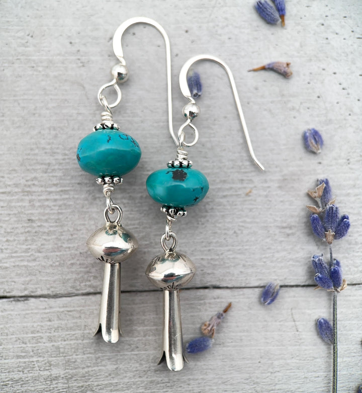 Turquoise and Navajo Sterling Silver Squash Blossom Earrings - SunlightSilver