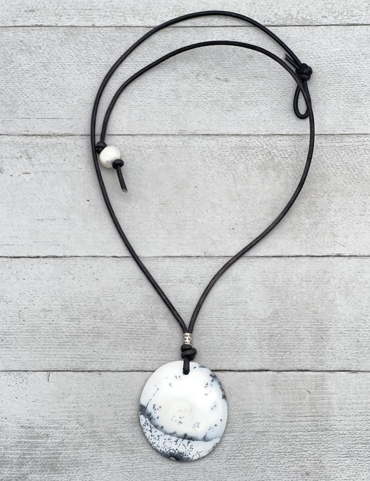 Dendritic Opal Chalcedony Leather Necklace - SunlightSilver