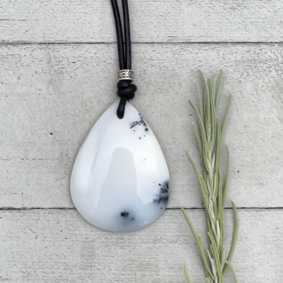 Dendritic Opal Chalcedony and Black Leather Necklace - SunlightSilver