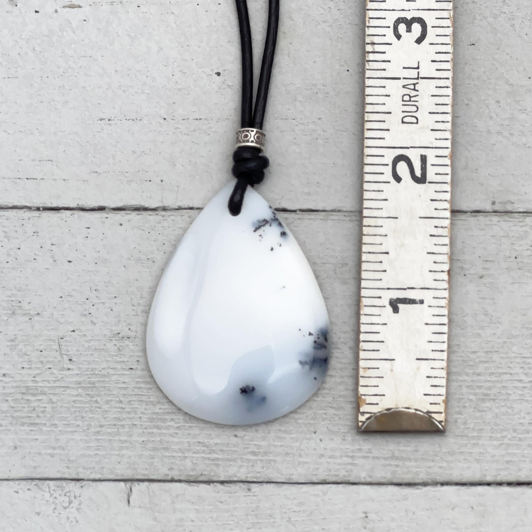 Dendritic Opal Chalcedony and Black Leather Necklace - SunlightSilver