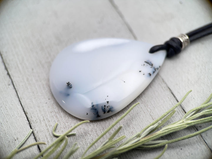 Dendritic Opal Chalcedony and Black Leather Necklace - SunlightSilver