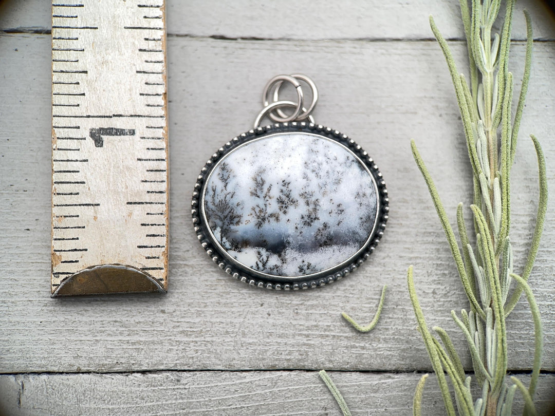 Dendritic Opal Chalcedony and Sterling Silver Snowy Landscape Pendant - SunlightSilver