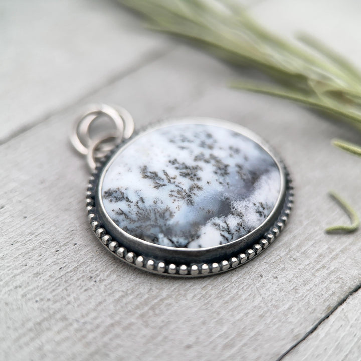 Dendritic Opal Chalcedony and Sterling Silver Snowy Landscape Pendant - SunlightSilver