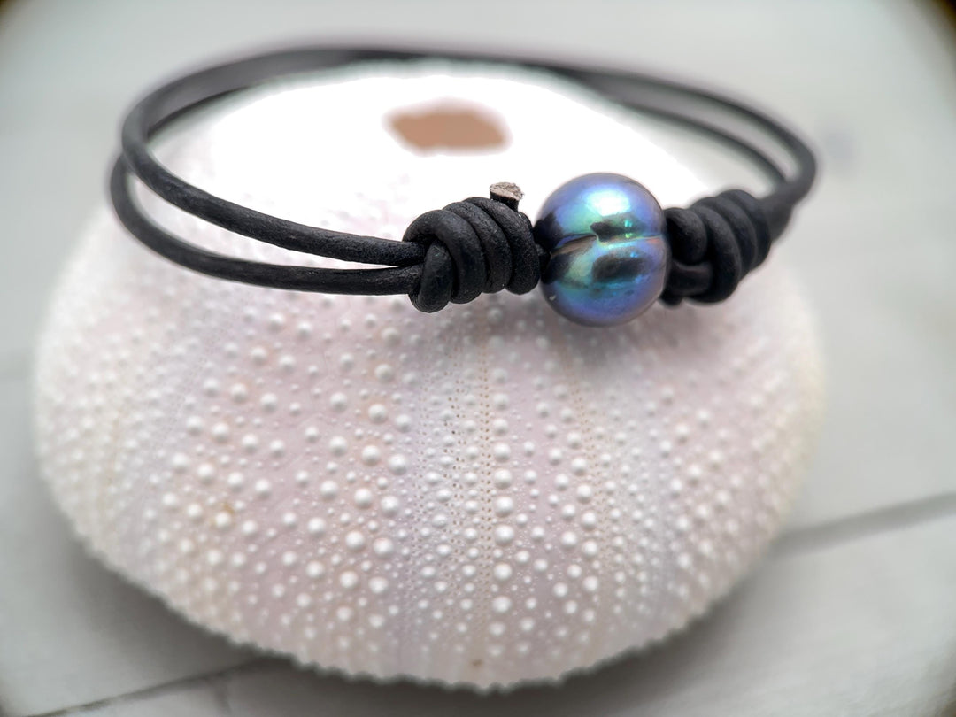 Peacock Pearl and Leather Anklet / Bracelet - SunlightSilver