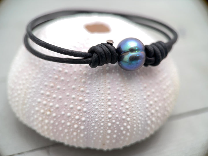 Peacock Pearl and Leather Anklet / Bracelet - SunlightSilver