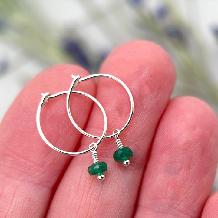 Little Emerald Charm Hoop Earrings, Available in Solid 925 Sterling Silver, 14k Yellow or Rose Gold Fill - SunlightSilver