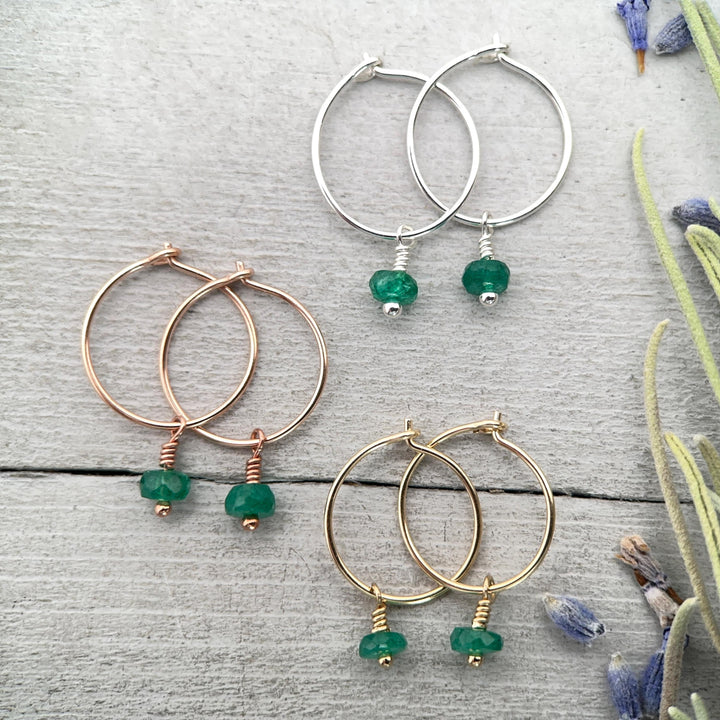 Little Emerald Charm Hoop Earrings, Available in Solid 925 Sterling Silver, 14k Yellow or Rose Gold Fill - SunlightSilver