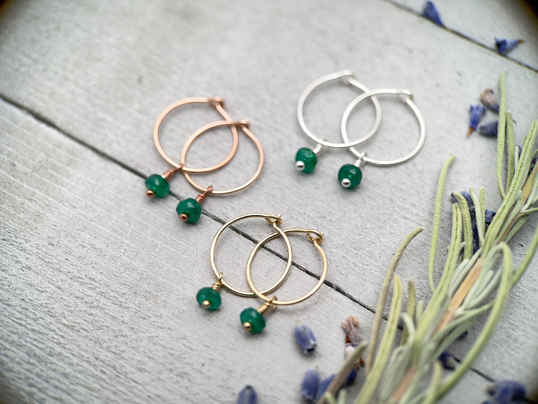 Little Emerald Charm Hoop Earrings, Available in Solid 925 Sterling Silver, 14k Yellow or Rose Gold Fill - SunlightSilver