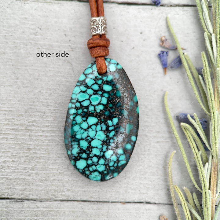 Blue Turquoise, Sterling Silver, and Rustic Brown Leather Necklace - SunlightSilver