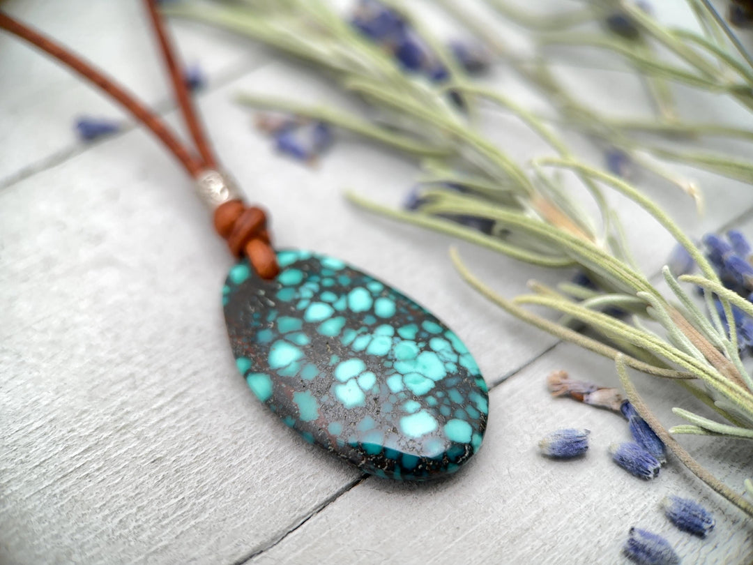 Blue Turquoise, Sterling Silver, and Rustic Brown Leather Necklace - SunlightSilver