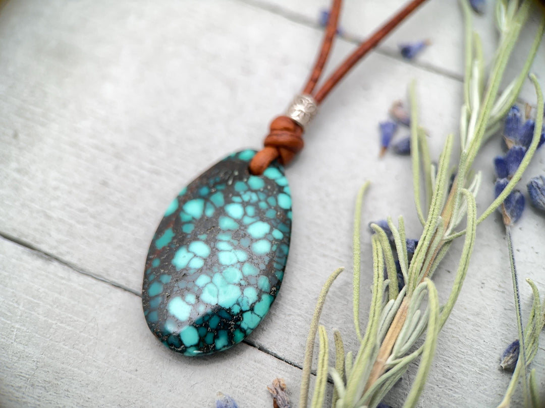 Blue Turquoise, Sterling Silver, and Rustic Brown Leather Necklace - SunlightSilver