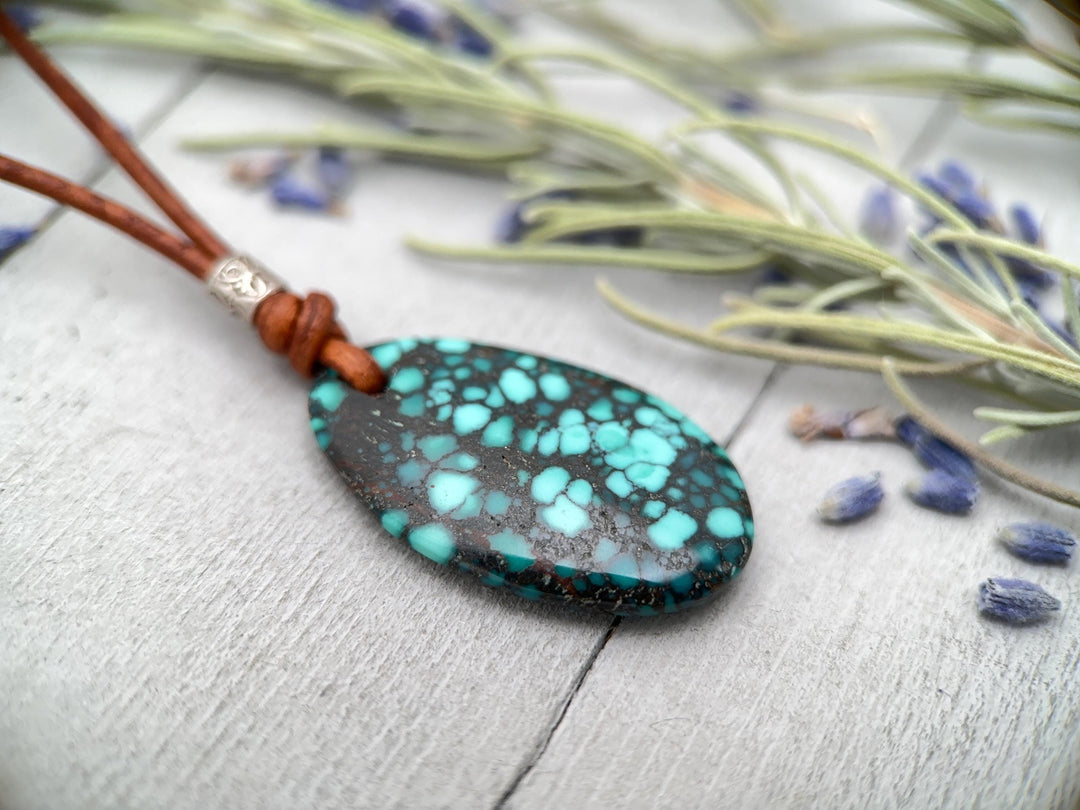 Blue Turquoise, Sterling Silver, and Rustic Brown Leather Necklace - SunlightSilver