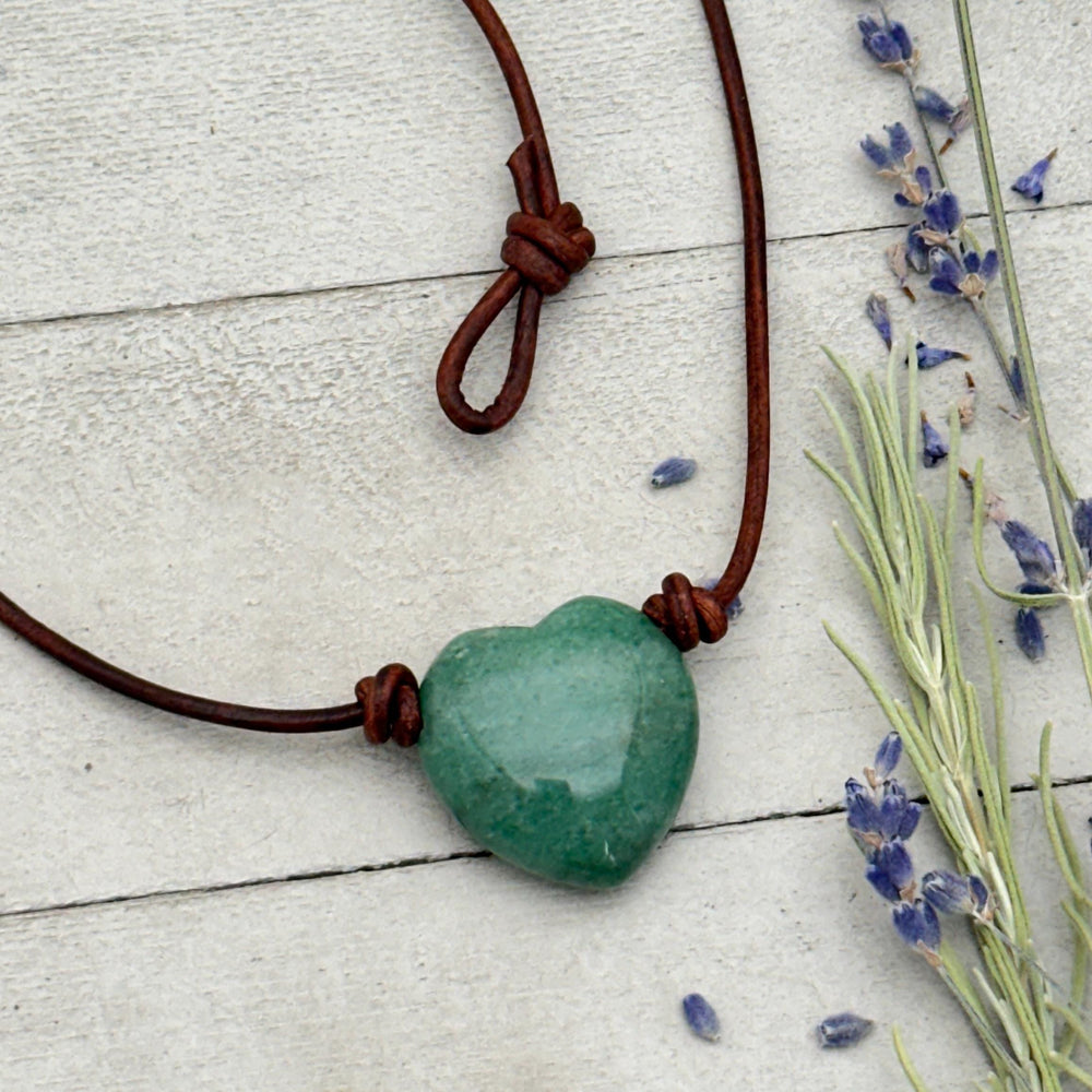 Green Aventurine Heart Crystal Choker - Rustic Brown Leather Necklace - SunlightSilver