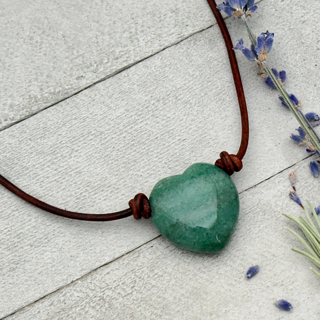 Aventurine Heart Crystal and Rustic Brown Leather Necklace - SunlightSilver