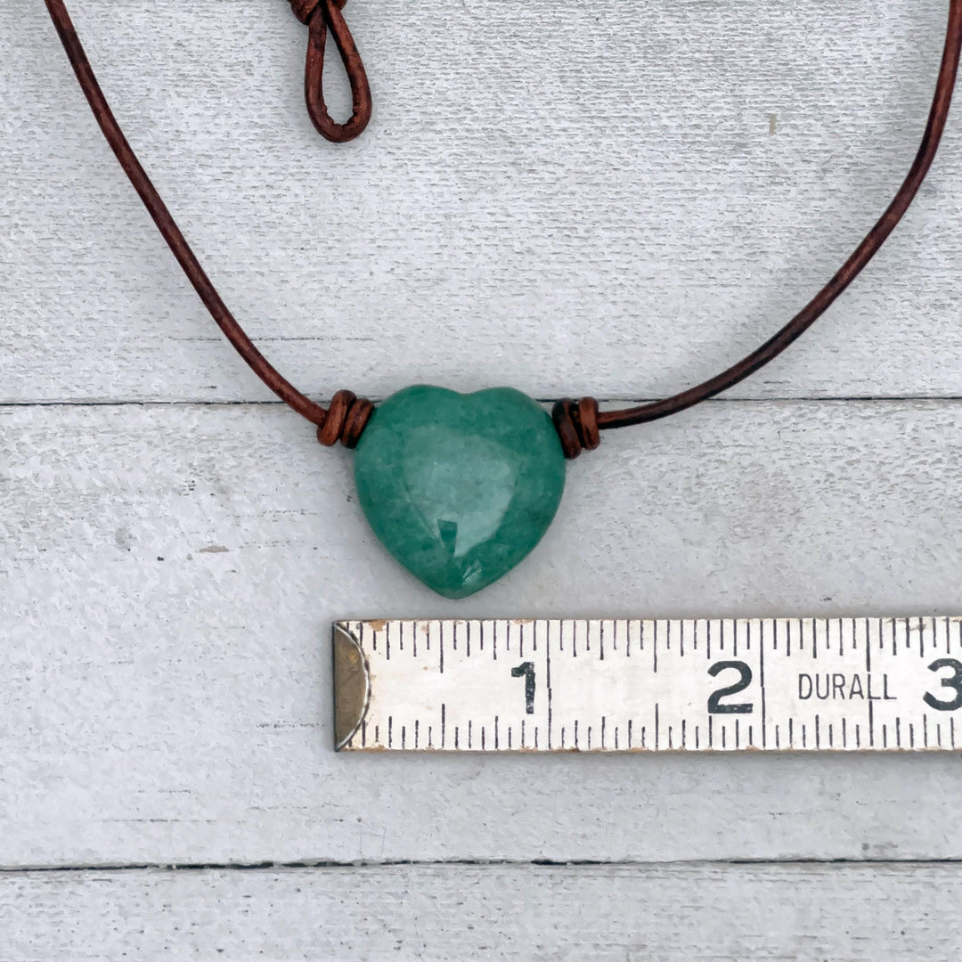 Aventurine Heart Crystal and Rustic Brown Leather Necklace - SunlightSilver