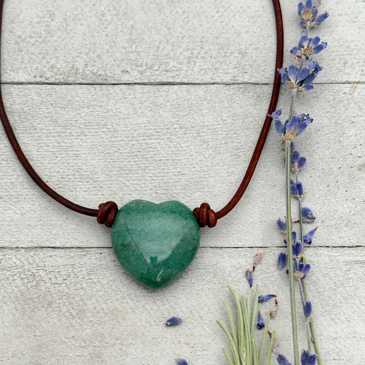 Aventurine Heart Crystal and Rustic Brown Leather Necklace - SunlightSilver